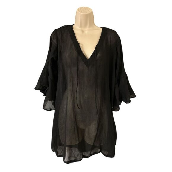 Barefoot Attitude Black Sheer Beach Cover Up Vacation Resort Wear Size Large - Picture 1 of 7